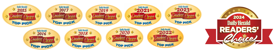 Daily Herald Readers Choice Top Pick badges for every year from 2015 through 2023 and winner badge from 2024