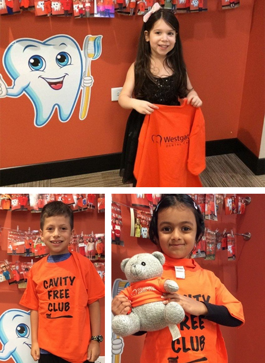 Collage of kids holding orange tee shirts that say Westgate Dental Care Cavity Free Club