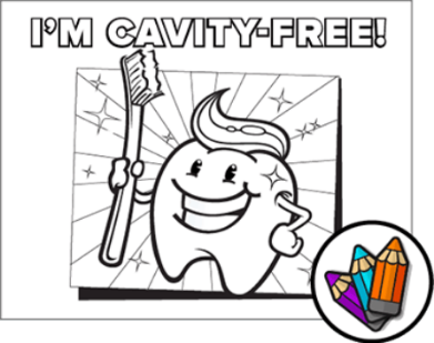 Coloring book page of a cartoon tooth holding a toothbrush