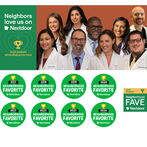 The smiling dentists at Westgate Dental Care next to badges for Nextdoor Neighborhood Favorite for every year from 2017 through 2025