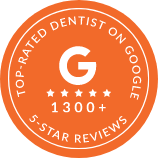 Badge that reads Top Rated Dentist on Google over 1300 5 star reviews