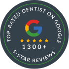 Top rated dentist on Google over 1300 5 star reviews badge